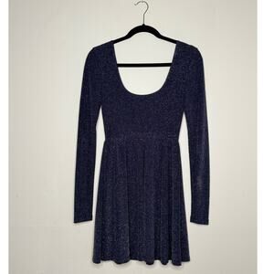 Free People Midnight Glitter Metallic Long Sleeve Scoop Fit & Flare Skater Dress